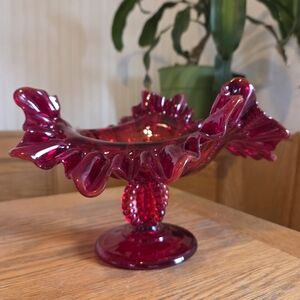 L.G. Wright Beaded Ruby Red Double Crimped Footed Glass Compote Fenton Glass